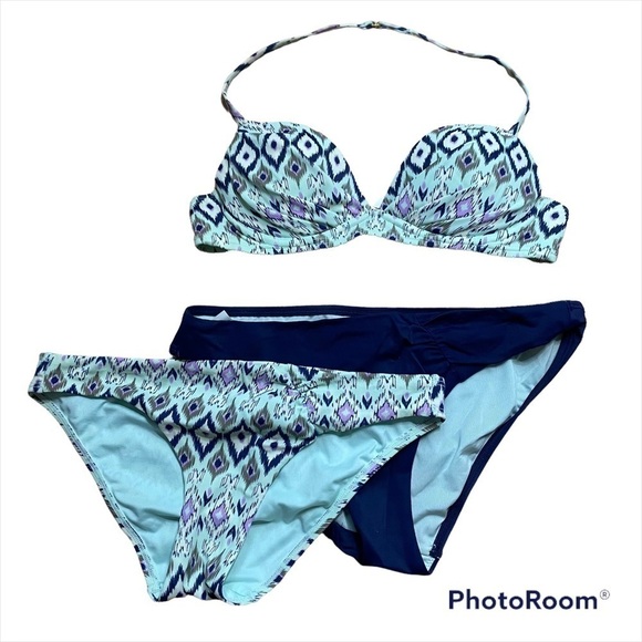 Victoria’s Secret Swim Suit Padded W/ 2 Bottoms 32A Small Blue Cat Eye Paisley - Picture 1 of 11